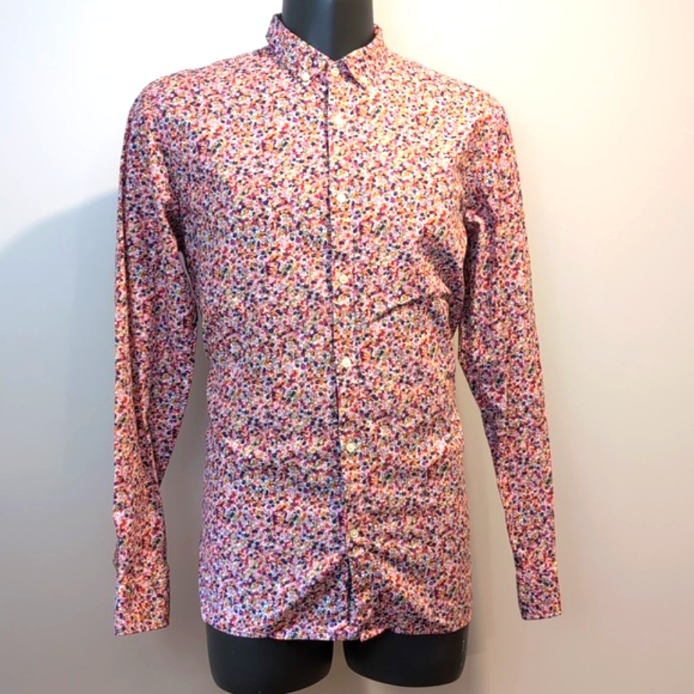 Knowledge Cotton Apparel Pink Floral Dress Shirt Size XL